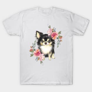 Cute Chihuahua Puppy Dog with Flowers Watercolor Art T-Shirt